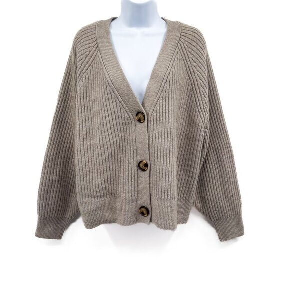 H&M Rib Knit Wool Button Front Loose Oversized Fit Cardigan Sweater Top Taupe - Picture 3 of 8